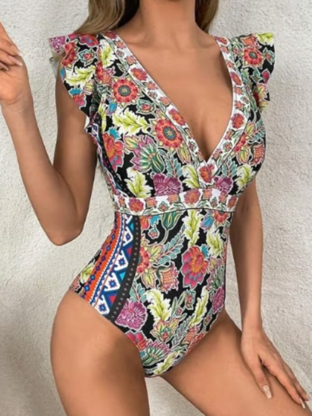 NEW M Women's Floral Print Deep V Neck Ruffle Trim Bathing Suit 1pc Swimsuit - Picture 4 of 9